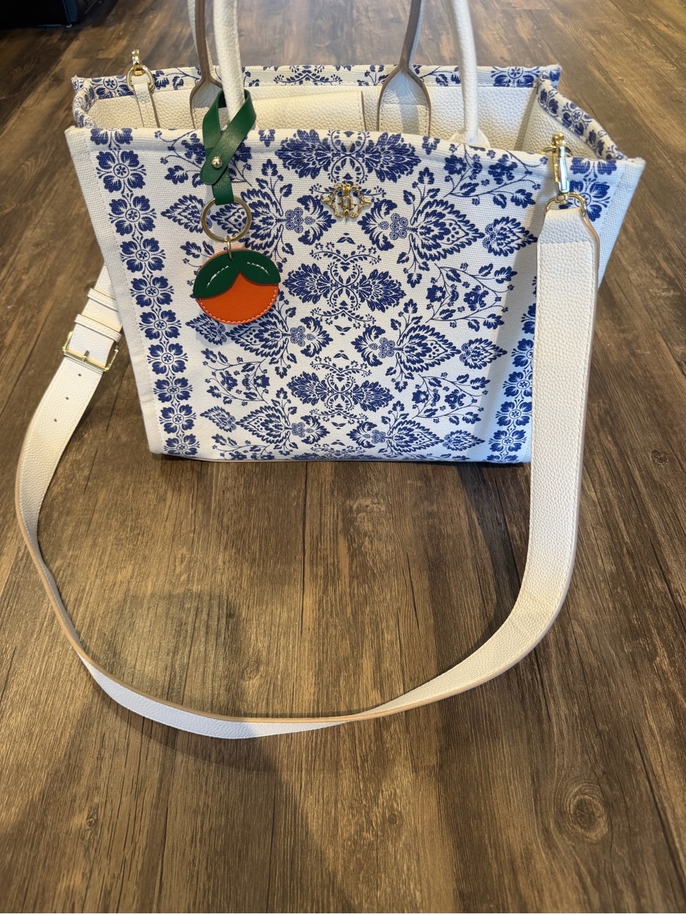 White & Blue Printed Tote Bag with Orange Charm